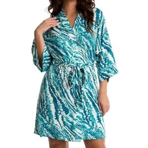 Linea Donatella Amaya 3/4-Sleeve Printed Robe Teal and White Size L/XL